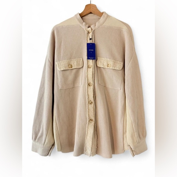 Beige Waffle Knit shirt jacket - Picture 1 of 8